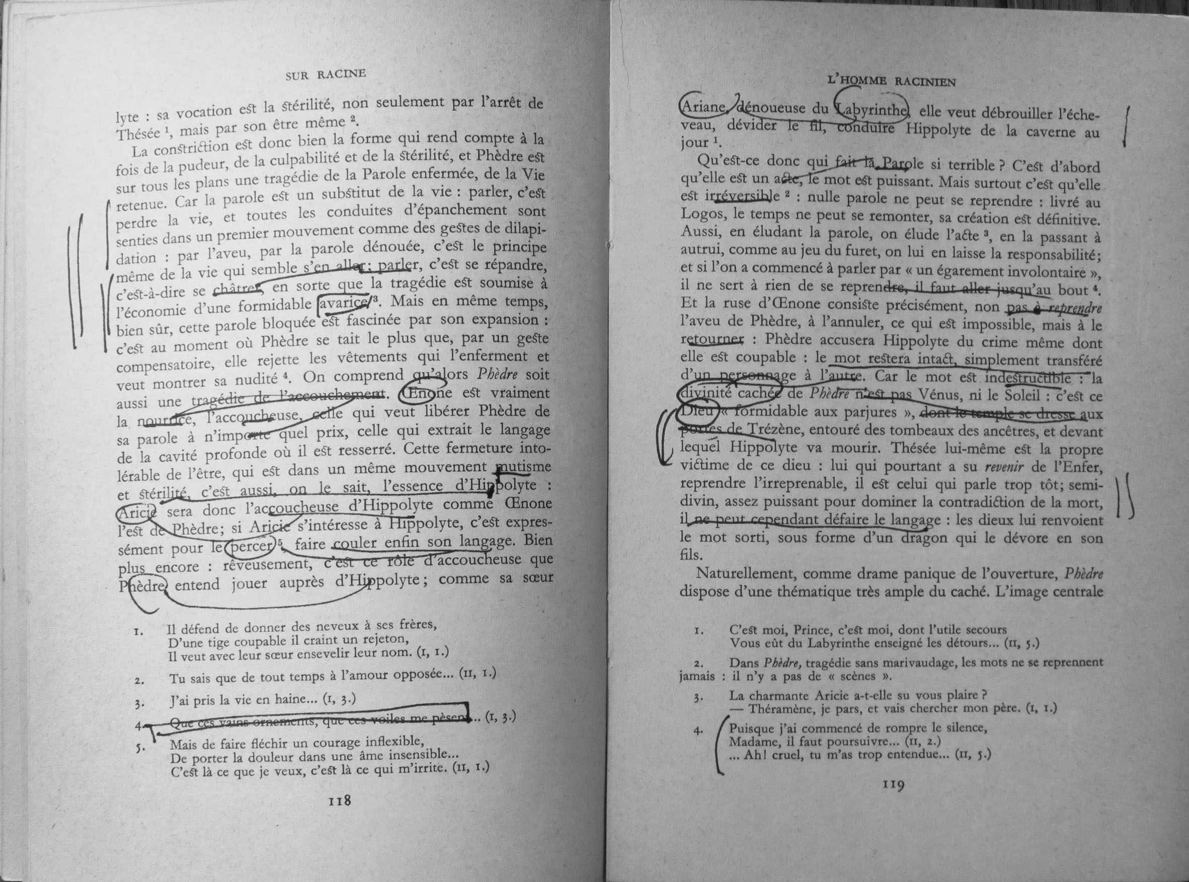 Derrida's annotations on a page from Sur Racine by Roland Barthes (Paris: Editions du Seuil, 1963).