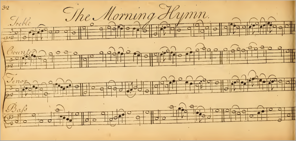 Page 32 (Morning Hymn) from “Urania : or a choice collection of Psalm-tunes, anthems, and hymns…”