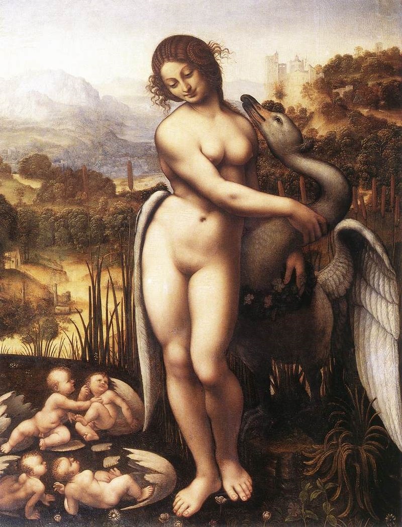 Attributed to Cesare da Sesto, Leda and the Swan, after Leonardo, ca. 1520. Oil on panel. Salisbury, Wilton House, collection of