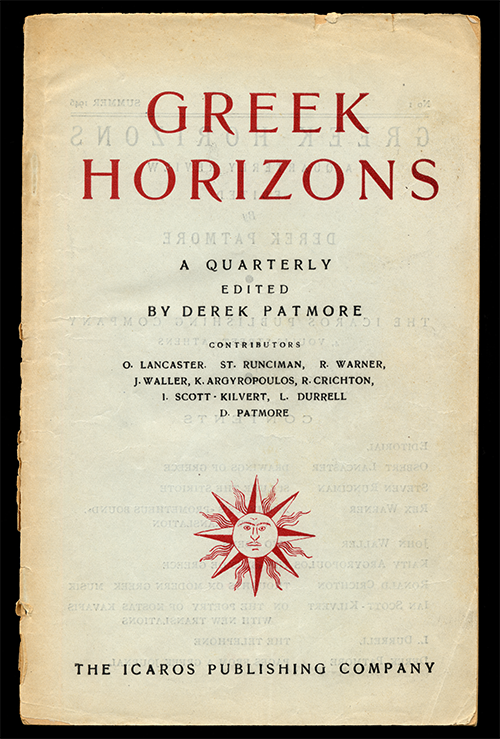 Cover of "Greek Horizons" by Derek Patmore; yellowed page, published by Icaros Publishing Company