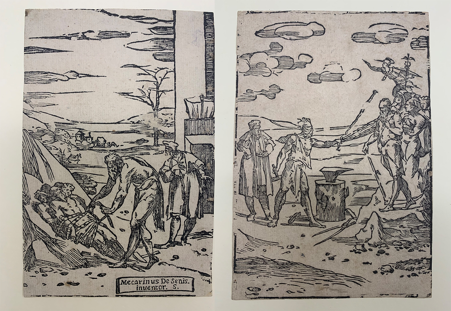 Image of two woodcuts by Domenico Beccafumi (1484-1551), The Barber, ca. 1525-40 (left) and The Blacksmith, ca. 1525-40 (right)