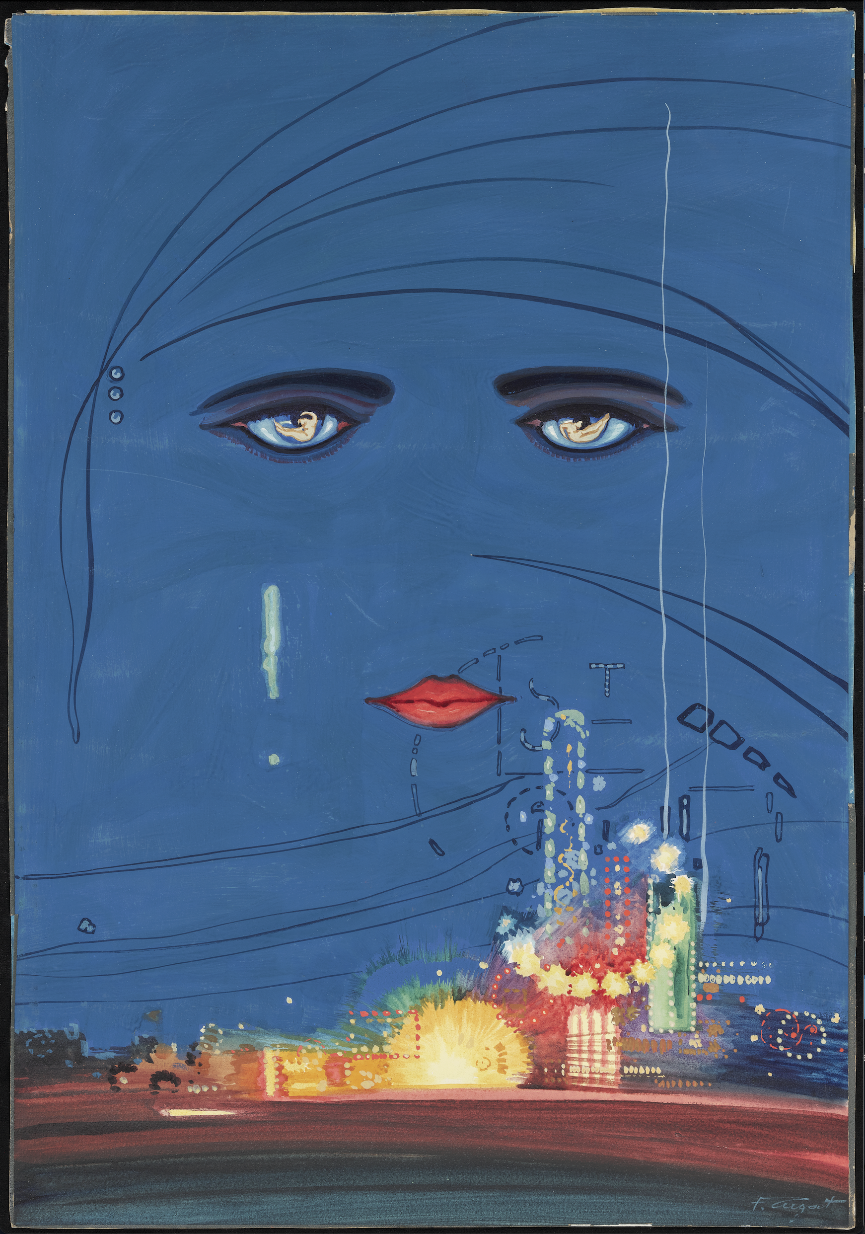 Illustrated face with heavily lined eyes and red painted lips over a night sky and above a brightly lit boardwalk and amusements