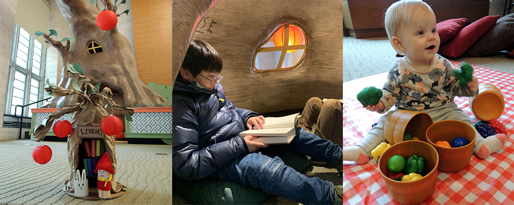 Banner photo showcasing Treehouses in Cotsen Children's Library, two children reading in the treehouse, and a baby.