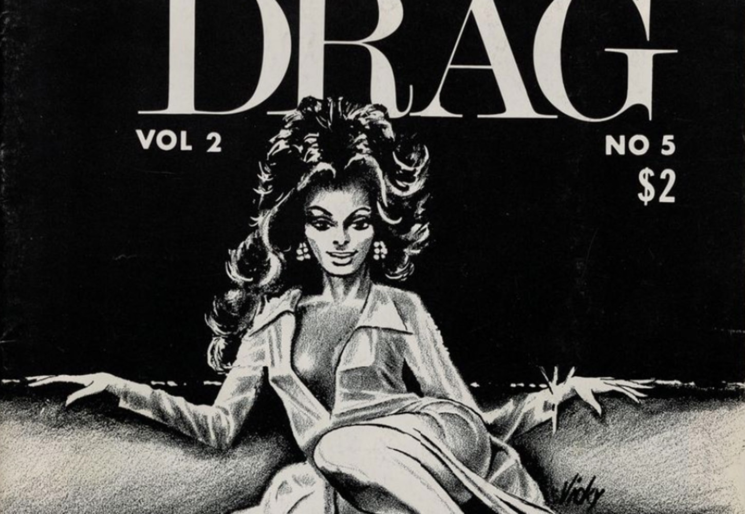 Black and white illustrated cover of Drag, A Magazine about the Transvestite, volume 2.