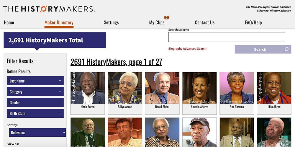 Screenshot of the history makers website