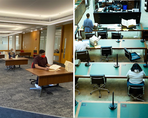 Side by side images of researchers in both the Mudd Manuscript Library and Firestone Special Collections reading rooms