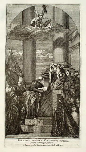 Illustration in Pitture Scelte:  Noel Robert Cochin (1655–1695?) after Titian (1477–1576), Madonna of Ca’ Pesaro, Basilica of Sa