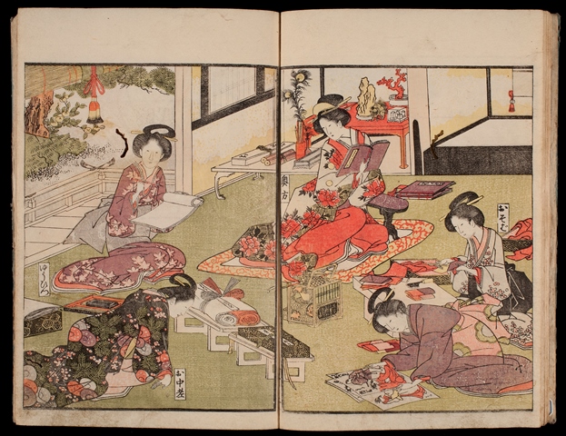 Women of the elite samurai class pursuing  polite occupations in an elegant setting