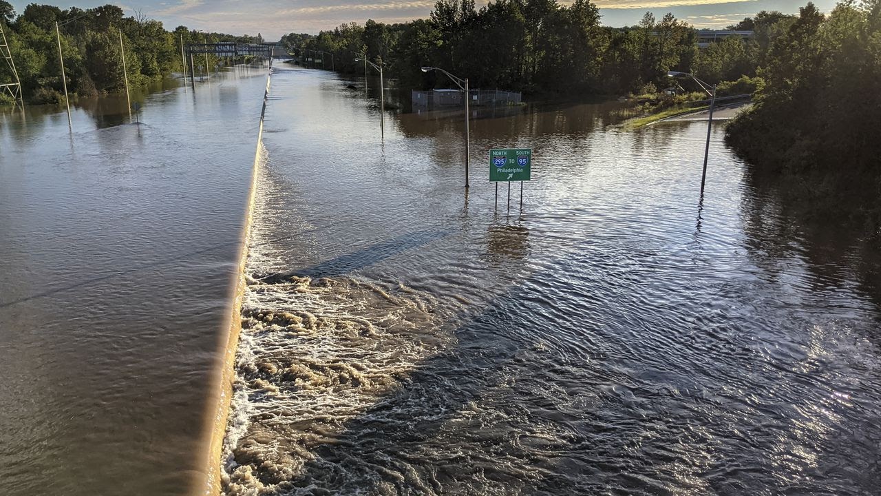 Route 1 in Lawrence is under water at the I-295 interchange early Thursday morning, Sept. 2, 2021 after devastating levels of ra