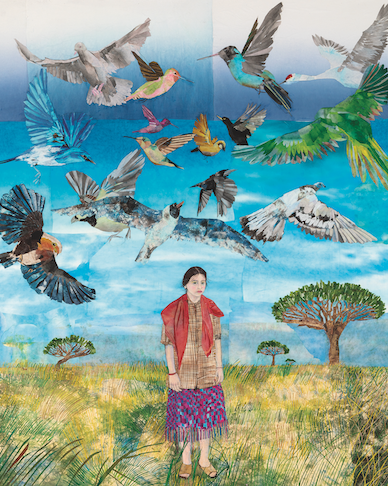 woman in field with birds overhead