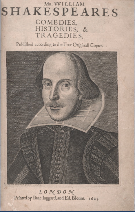 Shakespeare First Folio title page with black & white portrait "Mr. William Shakespeares Comedies, Histories, & Tragedies