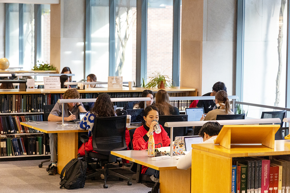 Students study in the main room of Stokes Library