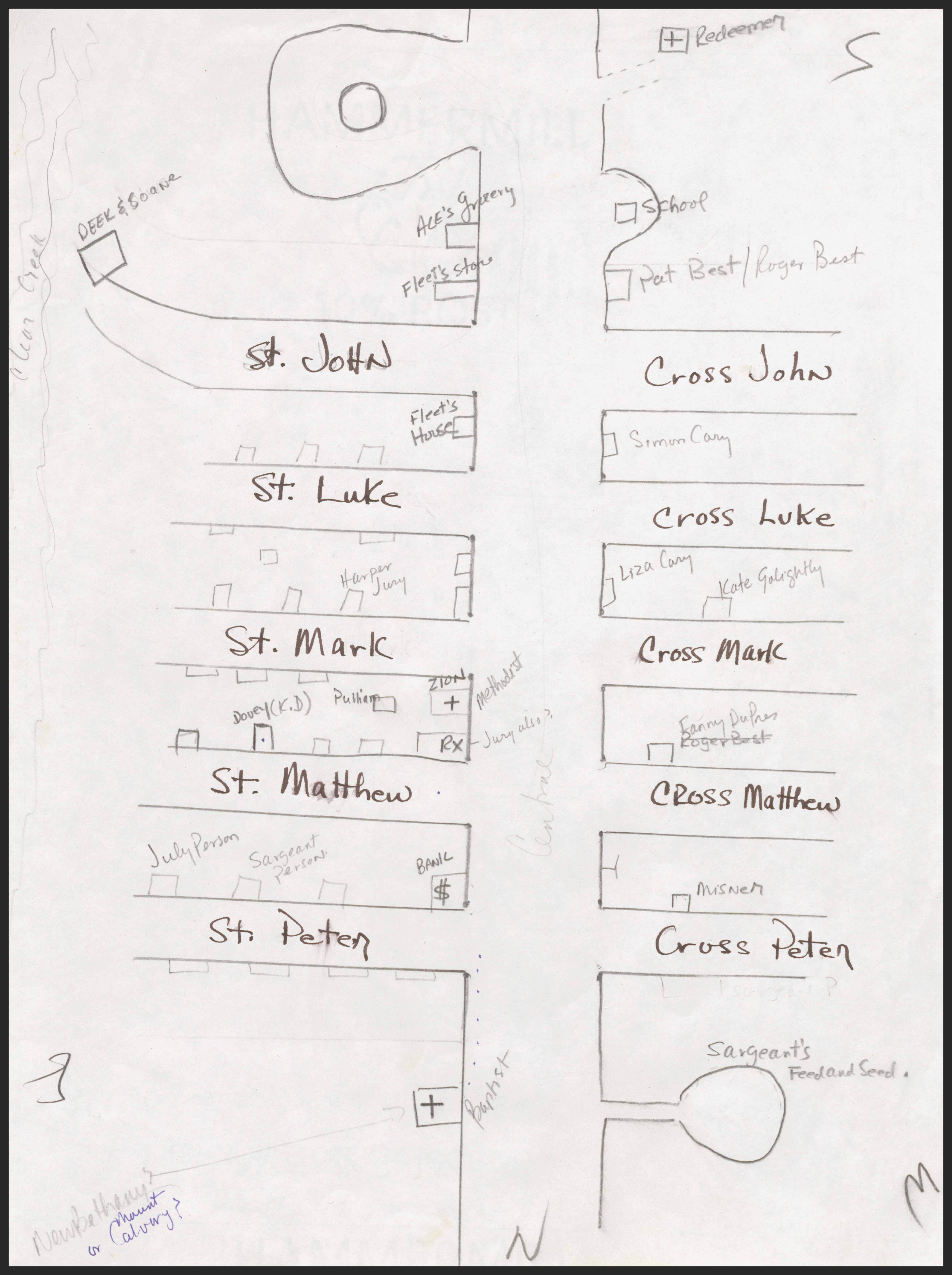 Hand-drawn map of "Ruby," the fictional town from the novel "Paradise," by Toni Morrison from her papers at PUL