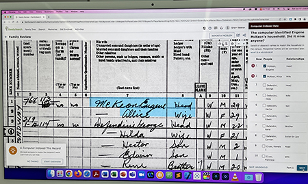 Digitized population schedule from 1950 US Census, with lines highlighted in blue for validation by human reviewers.