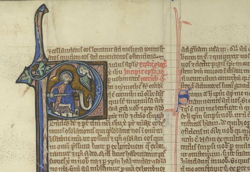 St. Paul’s second letter to the Corinthians opens with an illuminated capital depicting Paul holding a scroll containing the epi