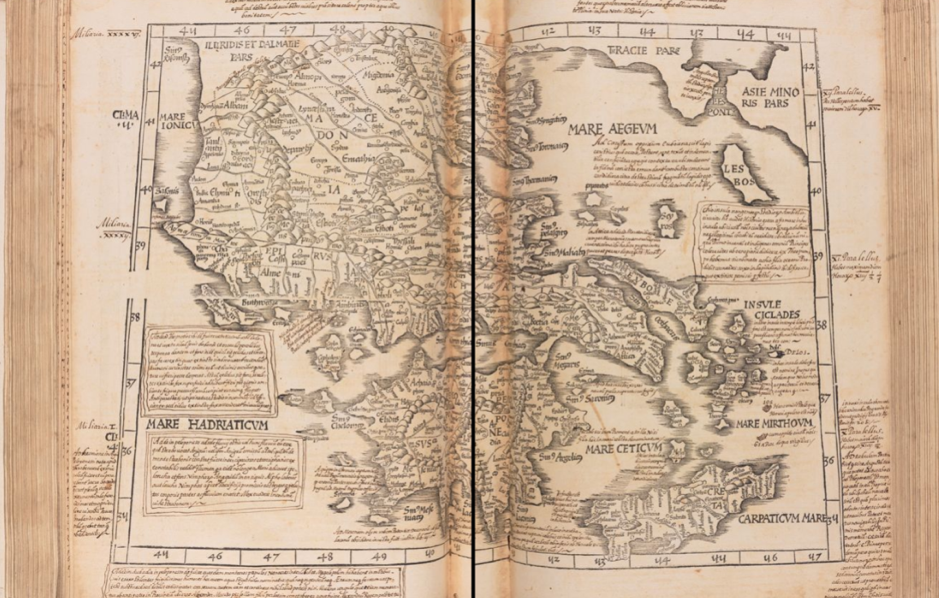 Wood cut of the Balkan peninsula from Claudii Ptolemaei Geographicae enarrationis libri octo, 1525