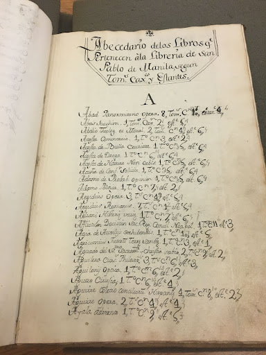 “Abecedario de los libros que pertenecen a la librería de San Pablo de Manila.” A page of the Catalog of the Library of the Augu