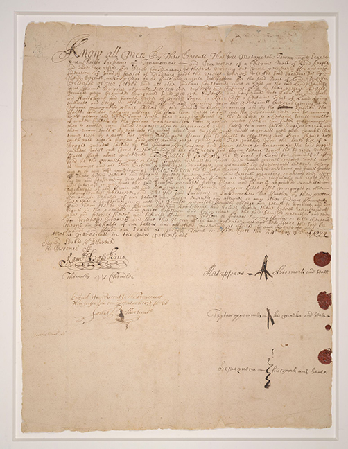 Consists of a deed transferring land from Matappeas, Tawapung, and Toponemus to John Bowne, Richard Hartshorne, and James Grover