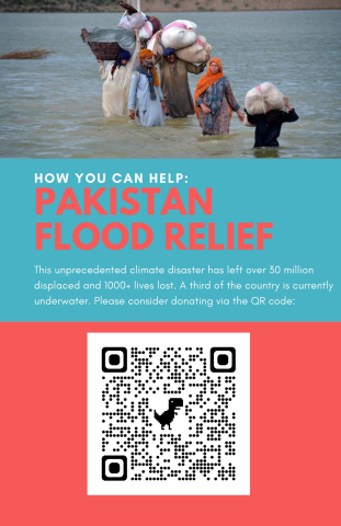 Fundraising effort for Pakistan flood relief with QR code for donations showing four individuals wading through flood waters