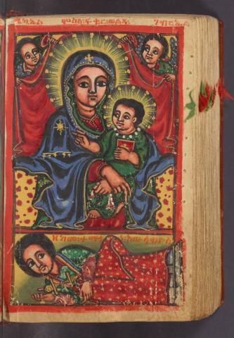 The Virgin Mary holding the infant Christ; with the manuscript’s patron depicted prostrated in worship at their feet