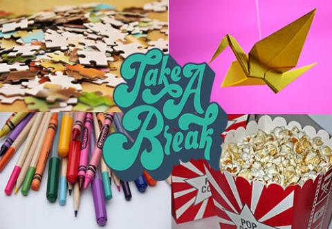 Take a break with images of puzzle pieces, origami bird, popcorn and coloring pencils, markers and crayons