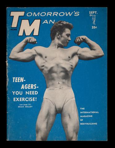 Black and white cover of Tomorrow's Man, The International Magazine of Successful Bodybuilding, with bright blue background