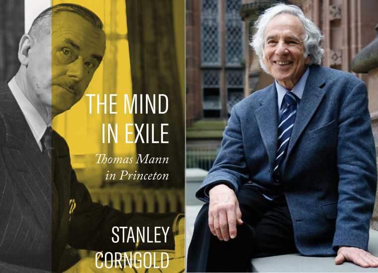 Side-by-side photos of Stanley Corngold and his book "The Mind in Exile"