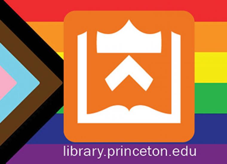 Princeton University Library's Logo atop LGBTQIA+ flags