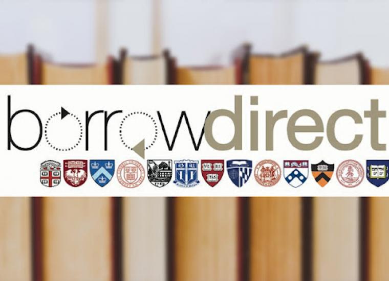 The Borrow Direct logo, which features shields from the 13 member institutions, on top of a blurred picture of books in a row.