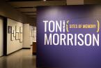 Large purple welcome panel in the Milberg Gallery for the Toni Morrison exhibition