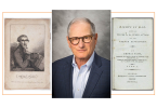 Photo of Sid Lapidus flanked by pages from his donated copy of Thomas Paine's "Rights of Man"
