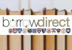 The Borrow Direct logo, which features shields from the 13 member institutions, on top of a blurred picture of books in a row.
