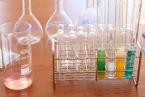 Stock image of chemistry beakers and vials