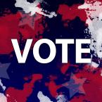 The word vote on red white and blue paint splatters