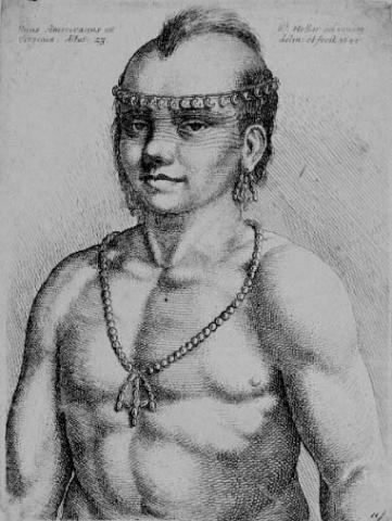 Wenzel Hollar, etching of an American Indian. London, 1542. Illustrated in John White, The General History of Virginia. London: printed by I. D. and I. H. for Michael Sparks, 1624. Rare Books, The Grenville Kane Collection.